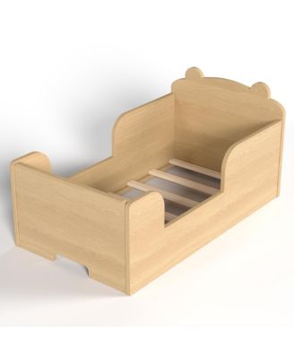 Low-Profile Twin Size Kids Floor Bed Frame, Wooden Platform Bed with Safety Rails and Bear Shape Headboard for Boys and Girls Ages 3-6