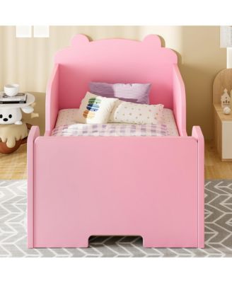 Twin Size Wooden Kids Floor Bed Frame, Platform Bed with Bear Headboard and Safety Rails for Boys Girls Ages 3-6