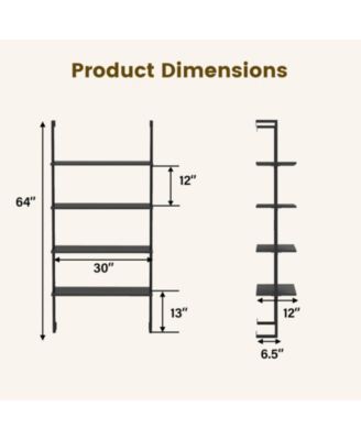 4-Tier Ladder Shelf Open Wall Mounted Bookcase with Wooden Boards and Metal Frame