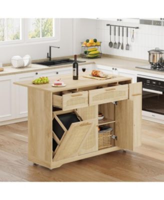 Rattan Rolling Kitchen Island Table on Wheels with Drop Leaf, Tilt Out Trash Can Cabinet with 2 Door, Storage Cabinet, 2 Drawer, Spice Rack