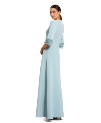 Women's A-Line Crepe Gown with Embellished Three-Quarter Sleeves