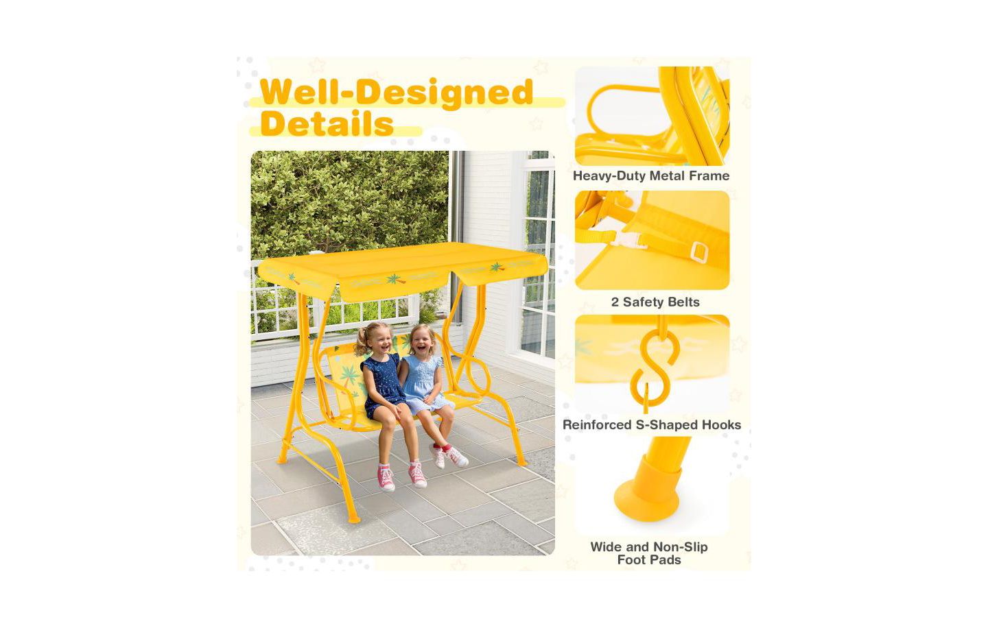 Детская игрушка HONGGE 2-Seater Metal Stand Kids Patio Swing with Adjustable Canopy, Up to 180 lbs, Ages 3+, цвет: Жёлтый — фото 6