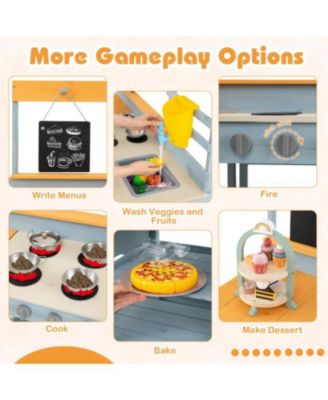 Fir Wood Play Kitchen with Picnic Table and Built-in Bench for Kids