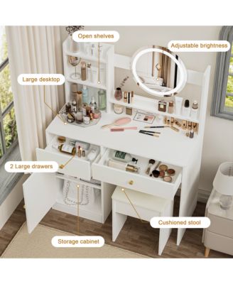 Vanity Desk with Mirror and Lights for Makeup, Dressing Table Set with Cushioned Chair, 2 Drawer and 1 Storage Cabinet for Bedroom