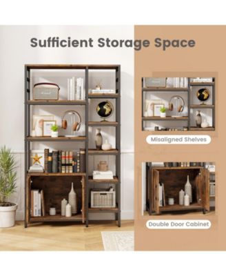 Double Wide 8 Tier Bookcase with 2 Door Storage Cabinet Shelf
