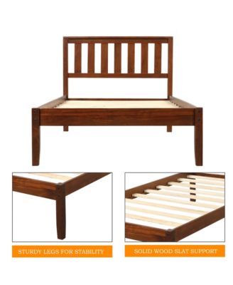 Walnut Wood Platform Bed with Headboard 100 Pine Wood Construction and 6 Support Legs