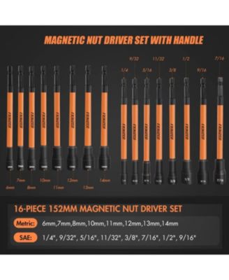 16Pcs Long Magnetic Nut Driver Set for Impact Drill, 6 Inch Long Nut Driver Set, SAE and Metric, 1/4 Inch Hex Shank, Cr-V Steel