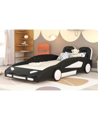 Twin Size Race Car Shaped Platform Bed with Side Rails Support Wheels and Two Seat Design