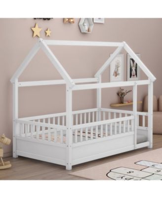 Twin Size Wood Floor Bed House Roof Frame Fence Guardrails  Pine Wood