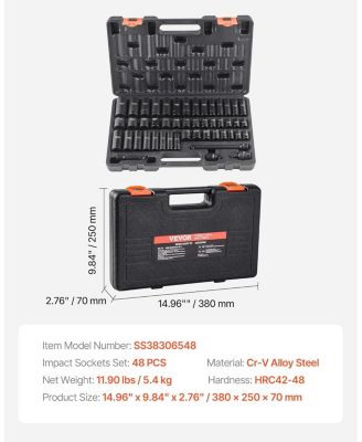 Rive Impact Socket Set, 48 Piece Socket Set SAE and Metric 8-22mm 6 Point Cr-V Drive Extension Bar Universal Joint and Power Drill Adapter