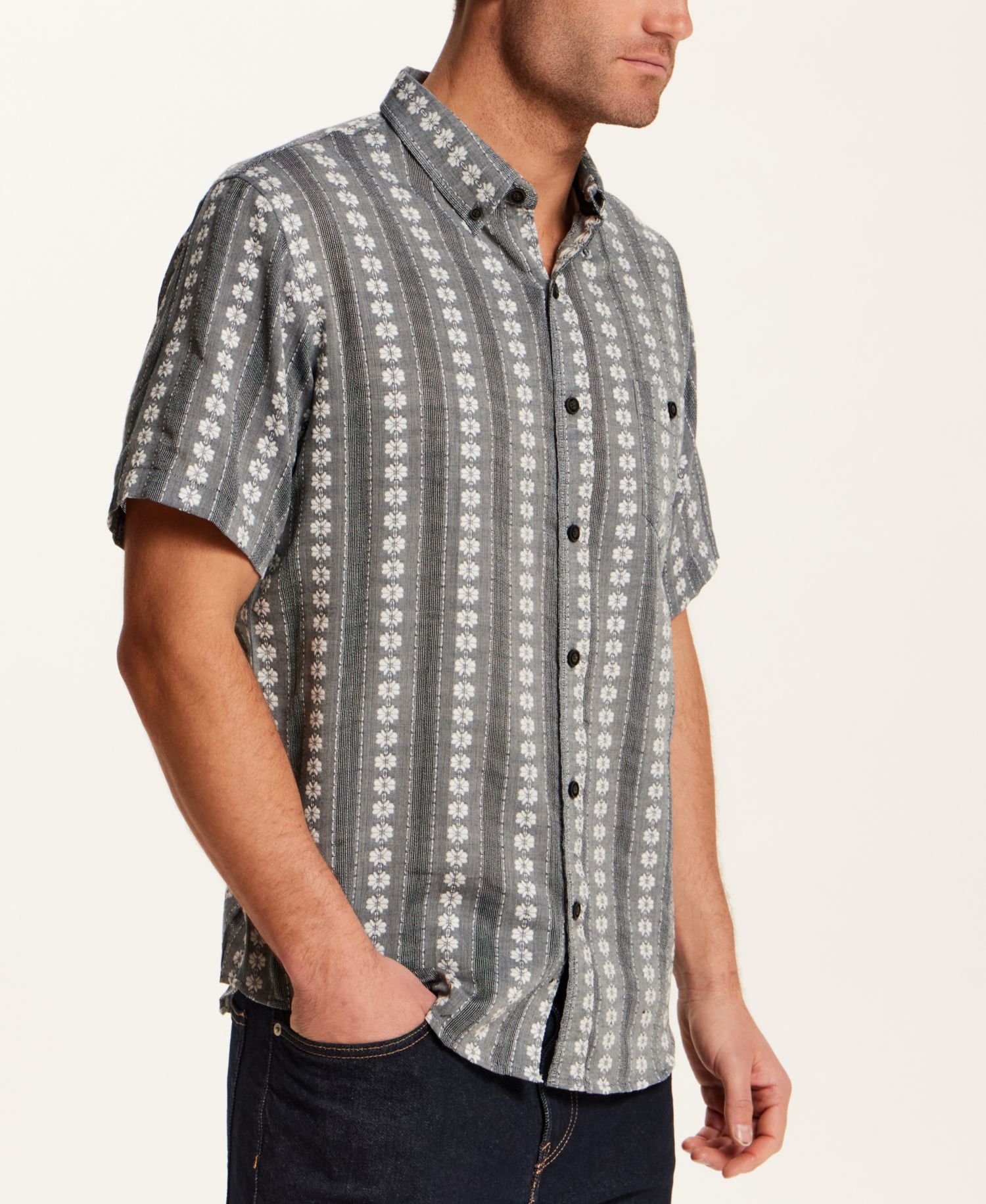 Men's Short-Sleeve Embroidered Flower Striped Shirt