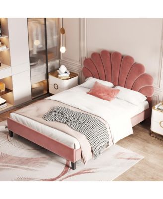 Upholstered Platform Bed Flower Pattern Velvet Headboard Bean Paste Red No Box Spring Needed