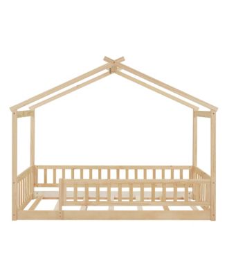 Twin Size Wood House Bed Roof Fence Pine Wood Frame 7 Slats Kids Bedroom