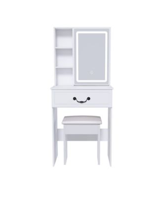 Modern Makeup Vanity Set with Padded Stool - Mini Dressing Table with LED-lit Mirror, Hidden Storage for Bedroom
