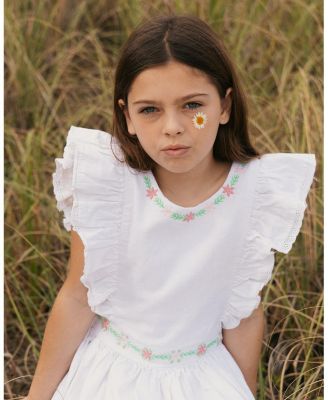 Toddler Girls Linen Ruffle Jumper with Embroidery