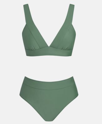 Women's V-Neck High-Waist Bikini Set with Wide Waistband