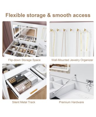 Flip Top Vanity Desk, Makeup Vanity Table with  LED Lighted Mirror, Built-in Outlet, 2 Drawers, Open Storage and Hooks for Jewelry