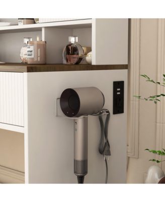 Farmhouse Makeup Vanity Desk - 43" Wide Dressing Table with Lighted Mirror, Power Outlet, Open Shelves, Side Cabinet and Drawers for Bedroom