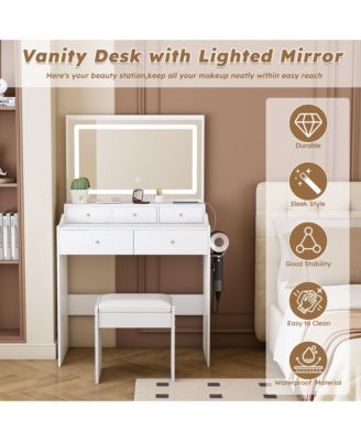Large Mirror Vanity Desk, Makeup Vanity Set with 5 Drawers, Power Outlet, Hair Dryer Holder and 3 Lighting Color Adjustable for Bedroom