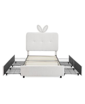 Twin Size Upholstered Kids Platform Bed, Boucle Fabric Bed Frame with 4 Storage Drawers, LED Lighting and Rabbit Ear Headboard for Boys Girls
