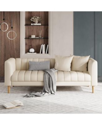 Modern 78" Faux Leather 3-Seater Sofa Couch, Deep Seat with 2 Pillows, Wood Legs, Easy Assembly