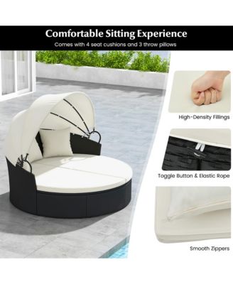 Patio Round Daybed Wicker Daybed w/ Retractable Canopy Separated Seating Sectional Sofa