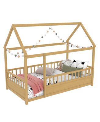 Wooden Floor Bed With House Roof Frame And Fence Guardrails For Kids