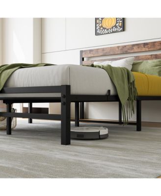 Platform Bed Rustic Wood Headboard Metal Slats Storage