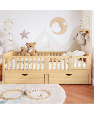 Wood Low Bed Frame, Kids Platform Bed with Storage Drawers and Full-Length Guardrails for Children, No Box Spring Needed