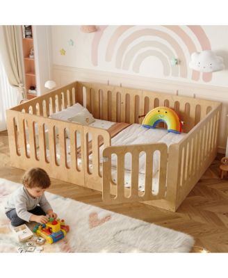 Kids Floor Bed, Solid Wood Frame with High Fence and Door, Low-Profile Montessori Bed for Boys Girls, No Box Spring Needed