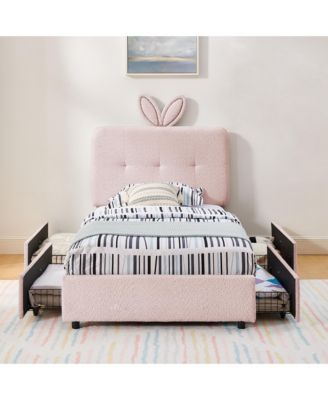 Kids Upholstered Bed Frame, Boucle Platform Bed with 4 Storage Drawers, LED Light and Rabbit Ear Shaped Headboard for Boys Girls