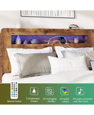 Queen Size Wood Platform Bed Frame with LED Storage Headboard, 2 USB Charging Ports and Large Under-Bed Storage for Bedroom