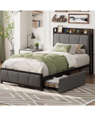   Bed Frame with 2 Storage Drawers & Charging Station, Linen Upholstered Headboard, Heavy Duty