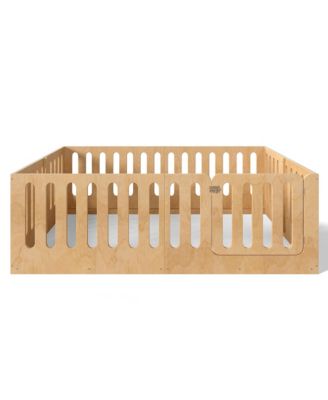 Queen Size Kids Floor Bed, Solid Wood Bed Frame with High Side Fence and Door, Children's Sleep Bed for Boys Girls, No Box Spring Required