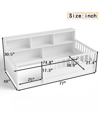 Twin Size Montessori Floor Bed - Low Profile Wooden Bed Frame with Bookcase and Guardrails for Girls, Boys