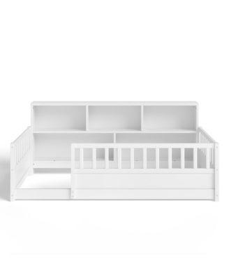 Twin Size Montessori Floor Bed - Low Profile Wooden Bed Frame with Bookcase and Guardrails for Girls, Boys