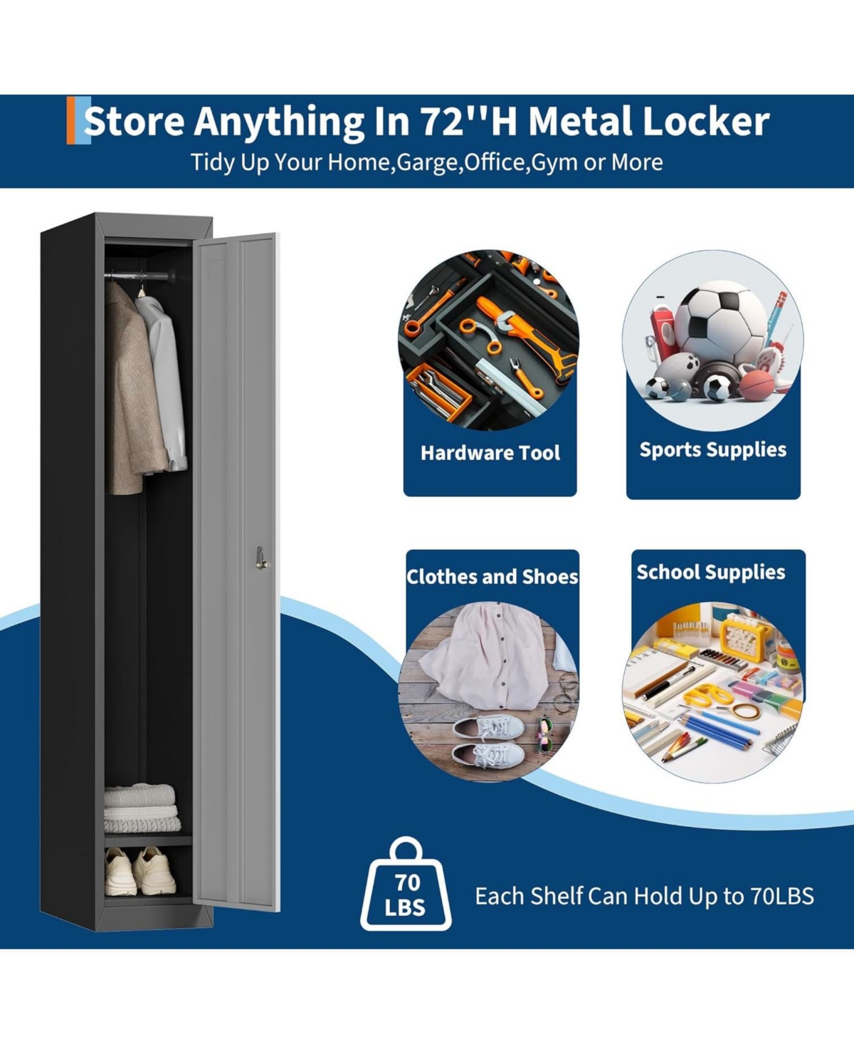 gaomon 72" Tall Metal Storage Cabinet with Door, Lockable Steel Locker with Shelves for School Office Garage