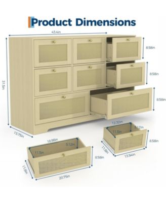 Rattan Dresser with 6 Drawers, Modern Boho Wooden Dresser for Bedroom Storage, Wicker Chest of Drawers with Metal Handles and Solid Wood Legs