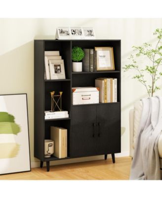 47 Inch Bookshelf with Open Cubes and Bottom Storage Cabinet