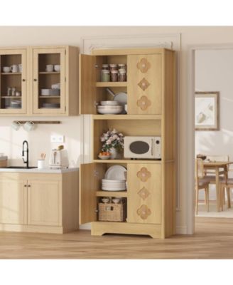 72" Tall Pantry Cabinet with Countertop, Freestanding Kitchen Hutch Storage Cupboard with Carved Door & Crystal Handle