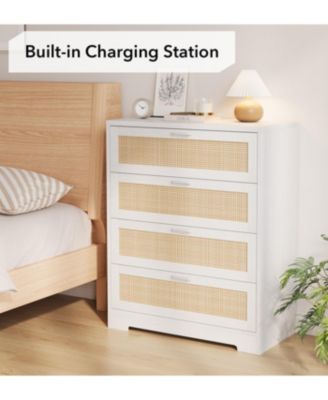 4 Drawer Dresser for Bedroom, Rattan Chest of Dressers, Modern Wood Tall Dresser with Power Outlets