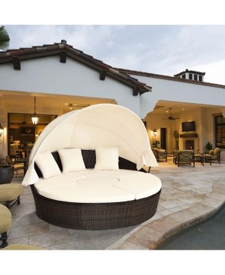 Cushioned Patio Rattan Round Daybed w/ Adjustable Table 3 Pillows Canopy
