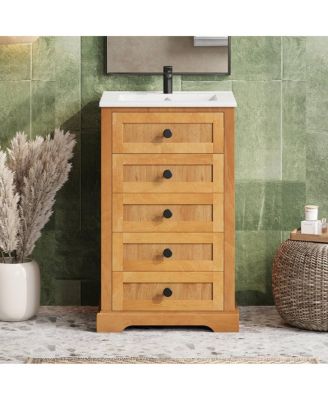 20" Natural Farmhouse Woodgrain Bathroom Vanity With Ceramic Sink, Soft-Close Door And Adjustable Shelf