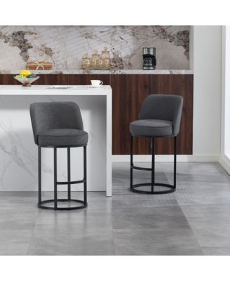 Modern Barrel Bar Stools Set of 2 - Linen Fabric Upholstered Counter Height Chairs with Back and Footrest for Kitchen Island