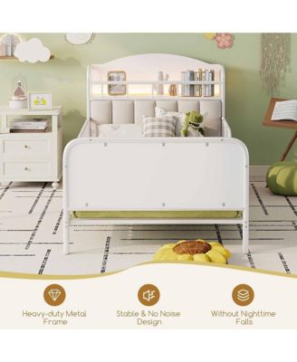Twin Metal Platform Bed Frame with Light - Low Profile Bed with Upholstered and Storage Headboard for Boys and Girls