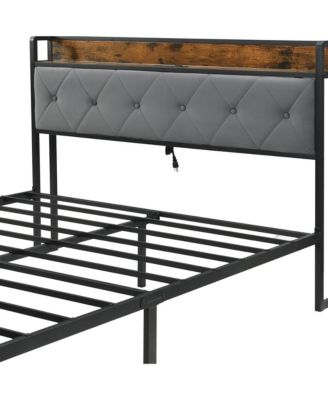 Full Size Bed Frame, Heavy Duty Metal Platform Bed with 2 Storage Drawers, Charging Station and LED Lights Upholstered Headboard for Bedroom