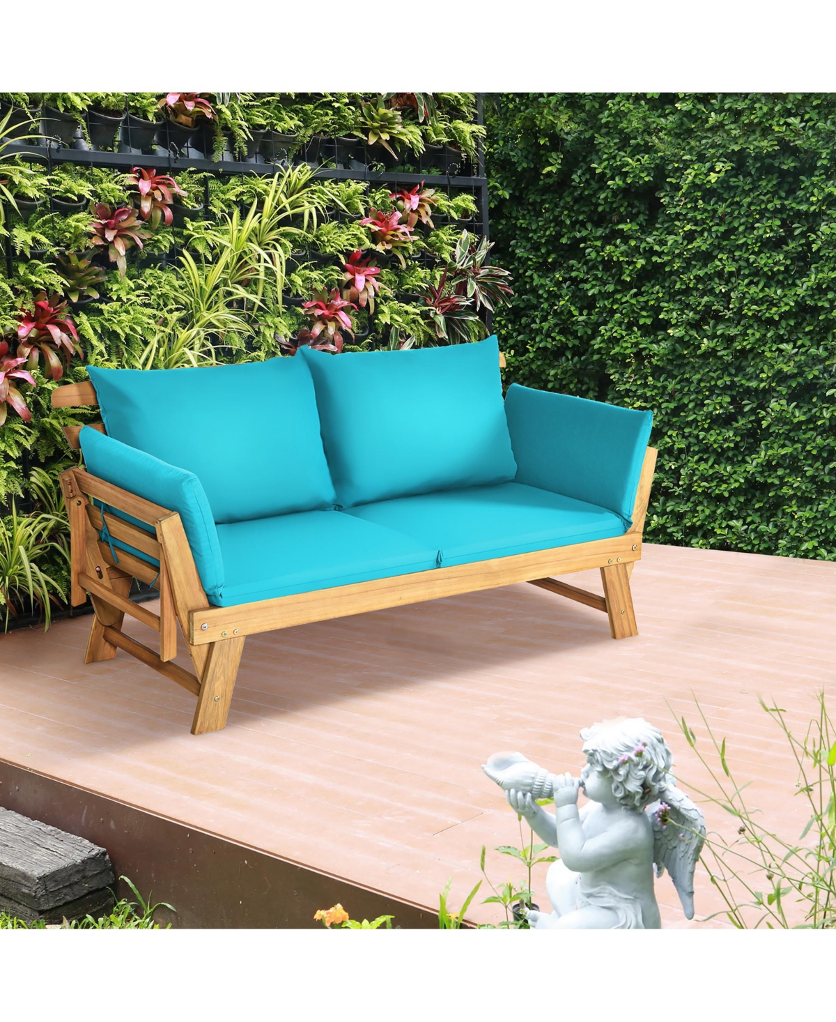 Gymax Adjustable Patio Sofa Daybed Acacia Wood Furniture w/ Cushions