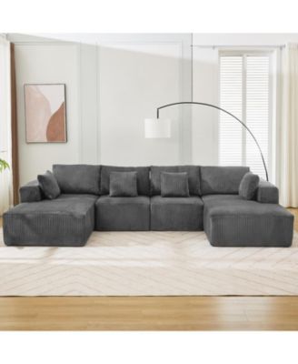 137" U-Shaped Modular Sectional Sofa, 4-Piece Corduroy Cloud Couch with Double Chaise, Pillows and No Assembly