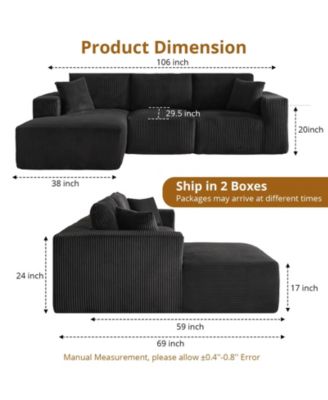 108" L-Shaped Modular Sectional Sofa, 3-Piece Corduroy Cloud Couch with Right Facing Chaise and Armrests, No Assembly