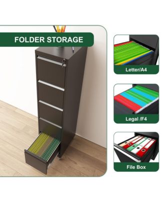 5 drawer metal locking file cabinet with wheels for home office, heavy duty storage for letter, legal, and A4 files.